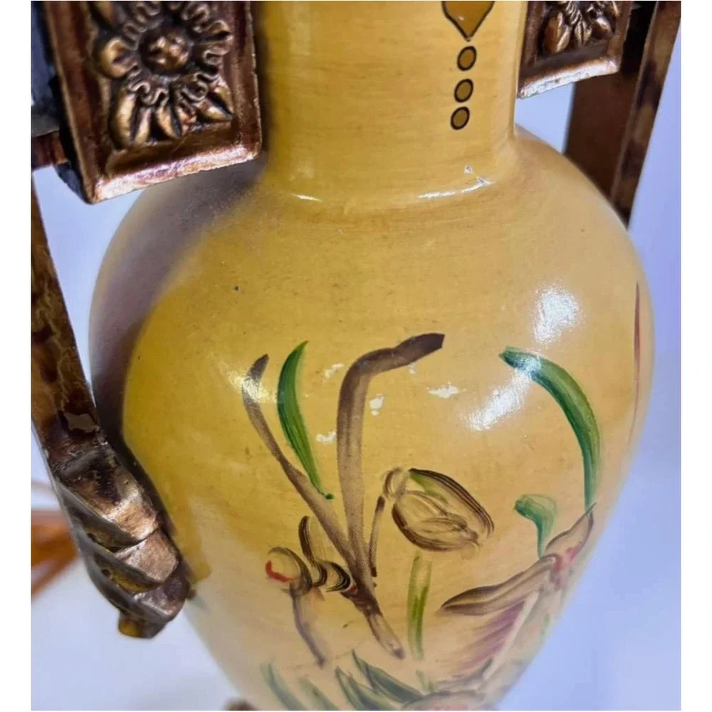Vintage Berman Hand painted Lamp Yellow Gold Floral Design 25.5